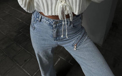 Cropped Ribbed Sweater with Lace-Up Detail and Long Sleeves