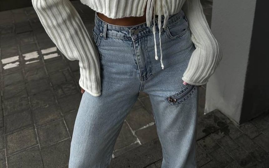 Cropped Ribbed Sweater with Lace-Up Detail and Long Sleeves