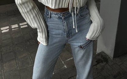 Cropped Ribbed Sweater with Lace-Up Detail and Long Sleeves