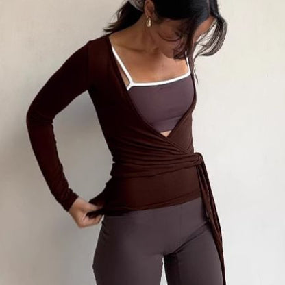 Tie-Waist Plain V-Neck Slim Extended Sleeve T-Shirt