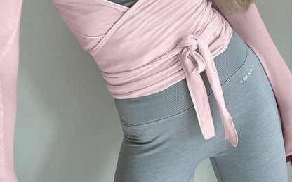 Tie-Waist Plain V-Neck Slim Extended Sleeve T-Shirt