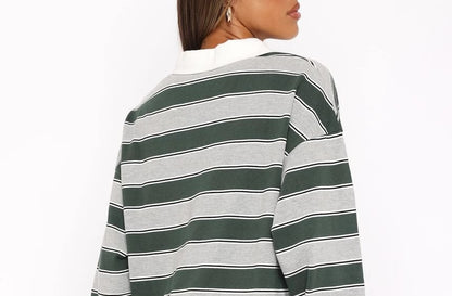 Striped Loose Sweatshirt with Collar and Long Sleeves