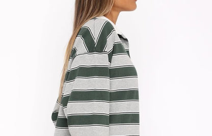 Striped Loose Sweatshirt with Collar and Long Sleeves