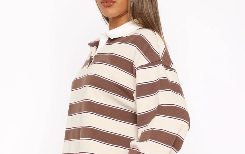 Striped Loose Sweatshirt with Collar and Long Sleeves