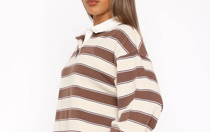 Striped Loose Sweatshirt with Collar and Long Sleeves