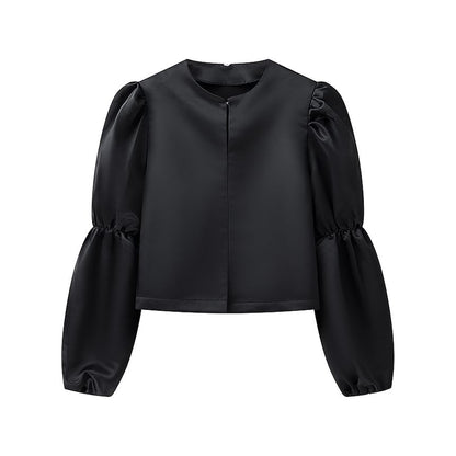 Puff Sleeve Satin Plain Loose Fit Blouse