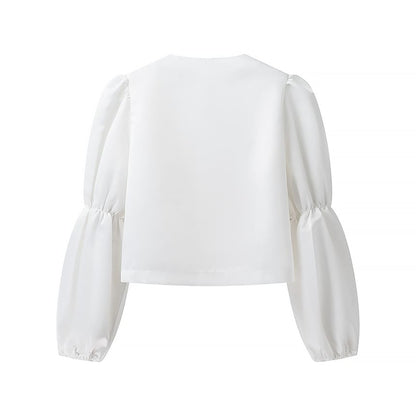 Puff Sleeve Satin Plain Loose Fit Blouse