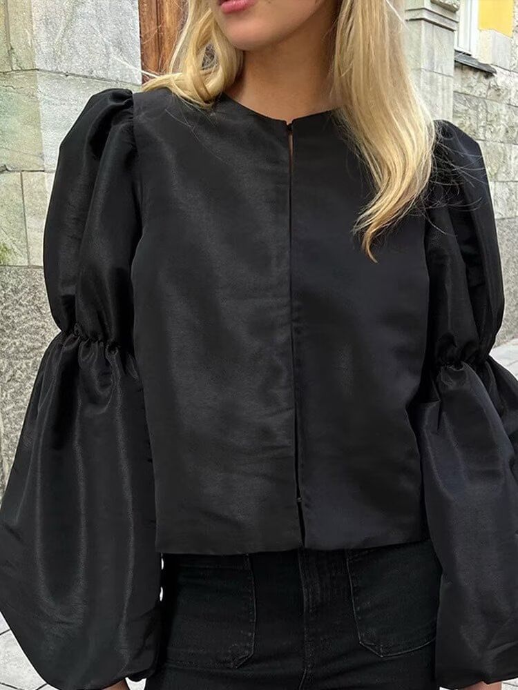 Puff Sleeve Satin Plain Loose Fit Blouse