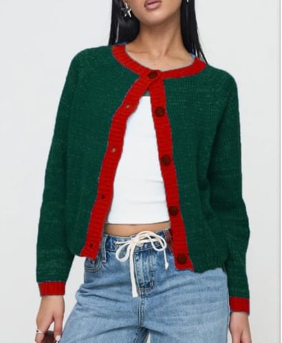 Long Sleeve Crew Neck Contrast-Trim Loose-Fit Cardigan