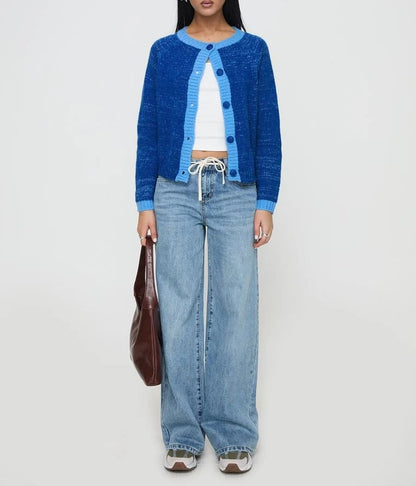Long Sleeve Crew Neck Contrast-Trim Loose-Fit Cardigan