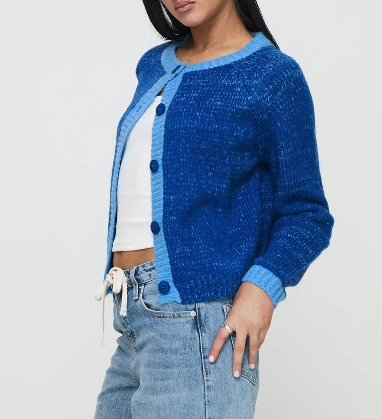 Long Sleeve Crew Neck Contrast-Trim Loose-Fit Cardigan