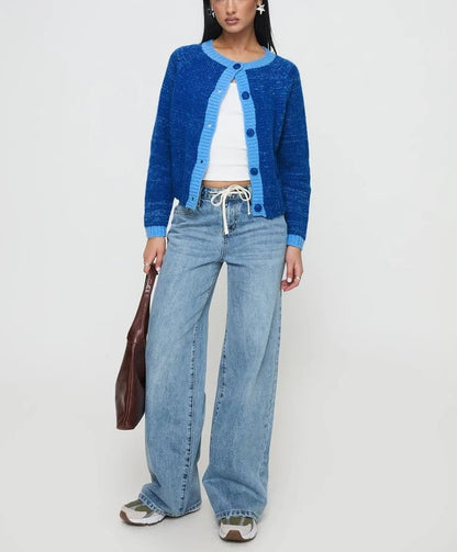 Long Sleeve Crew Neck Contrast-Trim Loose-Fit Cardigan