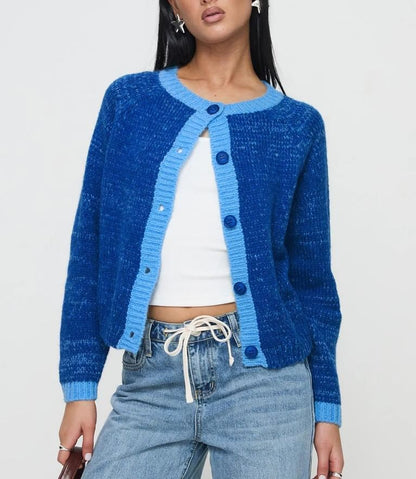 Long Sleeve Crew Neck Contrast-Trim Loose-Fit Cardigan