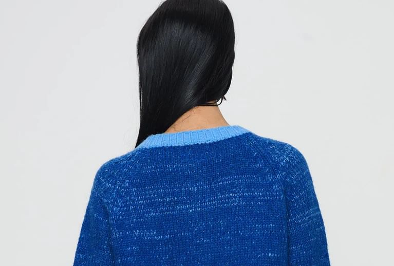 Long Sleeve Crew Neck Contrast-Trim Loose-Fit Cardigan