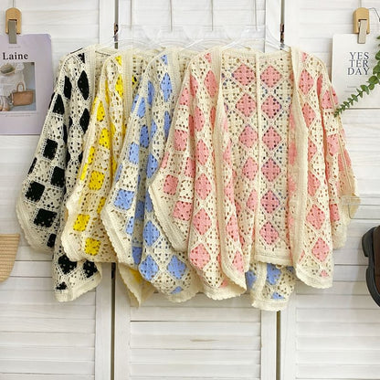 Batwing-Sleeve Argyle Print Open Front Cardigan