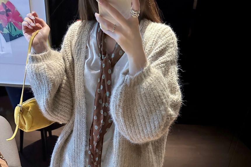 Balloon Sleeve V-Neck Plain Cardigan