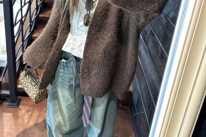 Balloon Sleeve V-Neck Plain Cardigan
