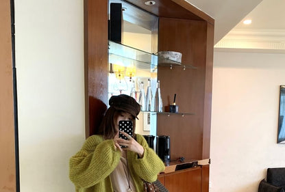 Balloon Sleeve V-Neck Plain Cardigan