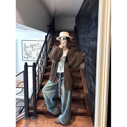 Balloon Sleeve V-Neck Plain Cardigan