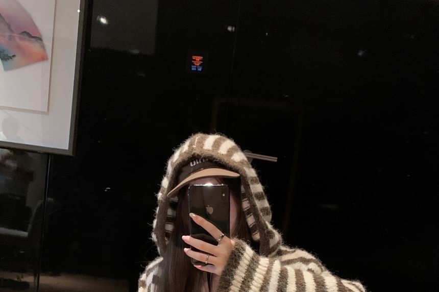 Hooded Striped Button Up Cardigan