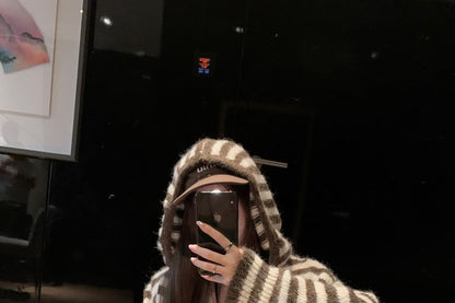 Hooded Striped Button Up Cardigan