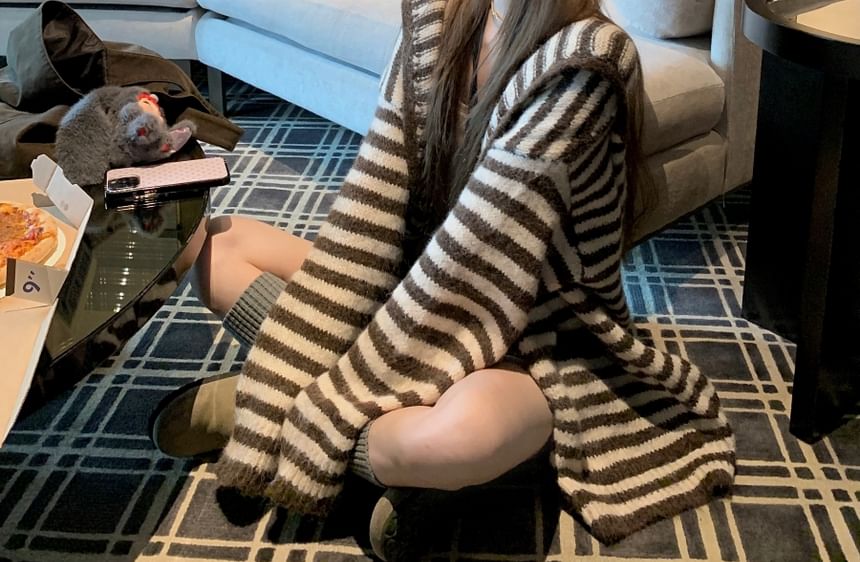 Hooded Striped Button Up Cardigan