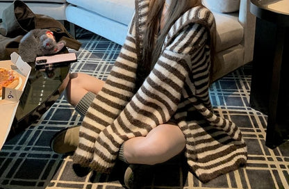 Hooded Striped Button Up Cardigan