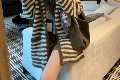 Hooded Striped Button Up Cardigan