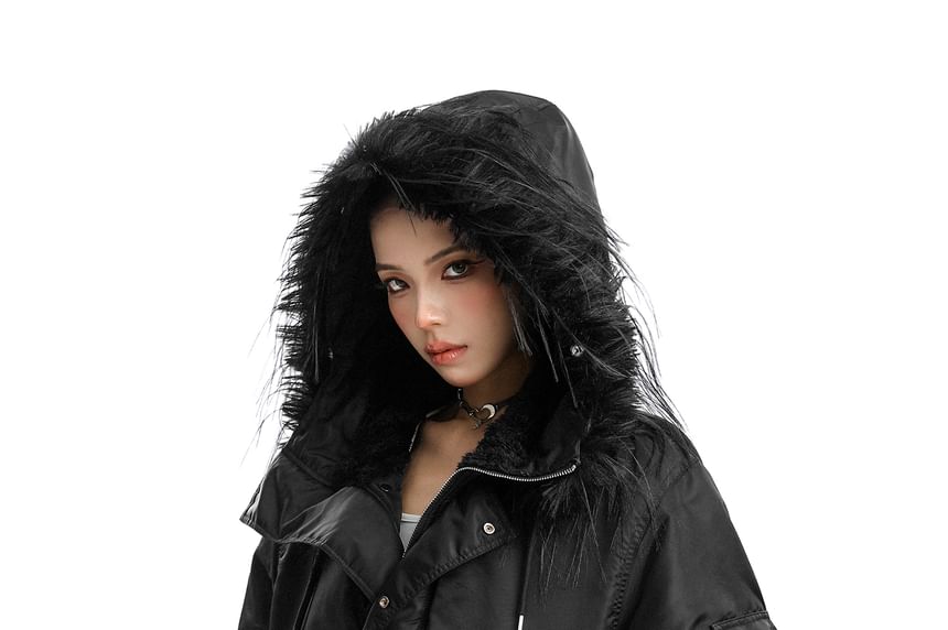 Furry Trim Hooded Button-up Jacket