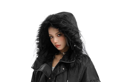 Furry Trim Hooded Button-up Jacket