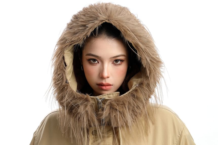 Furry Trim Hooded Button-up Jacket