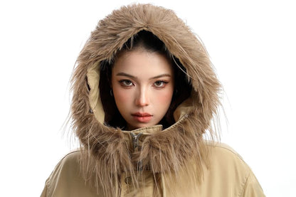 Furry Trim Hooded Button-up Jacket