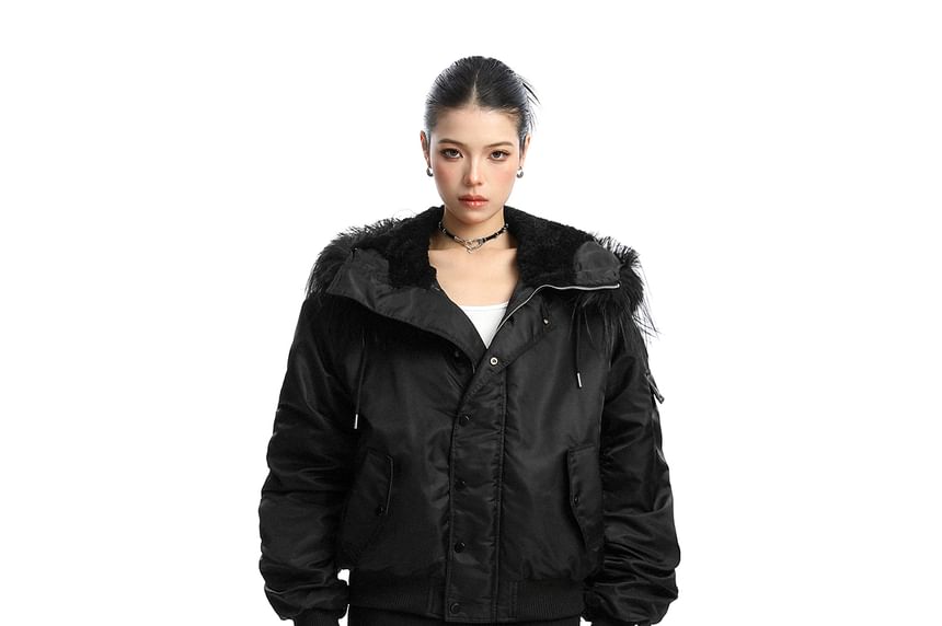 Furry Trim Hooded Button-up Jacket