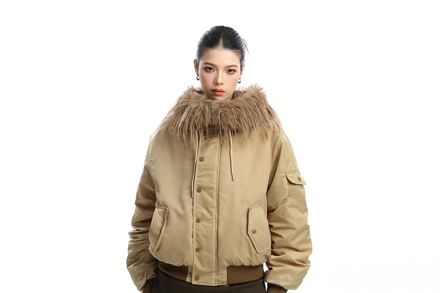 Furry Trim Hooded Button-up Jacket