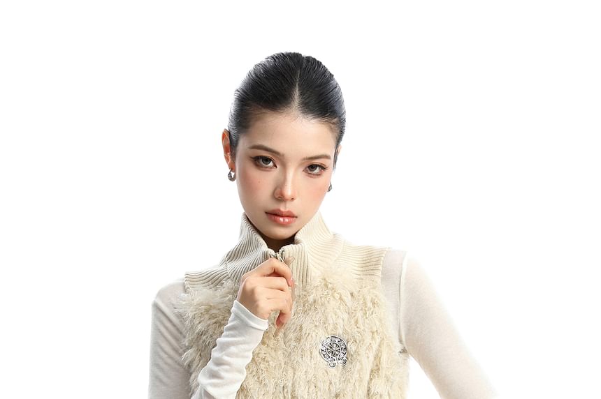 Turtleneck Zip-Up Faux Fur Sweater Vest