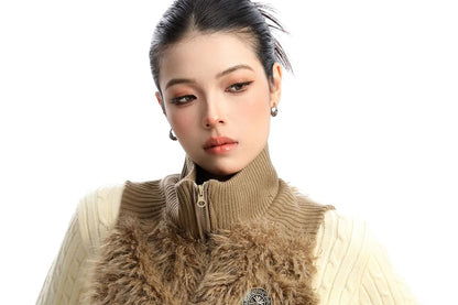 Turtleneck Zip-Up Faux Fur Sweater Vest