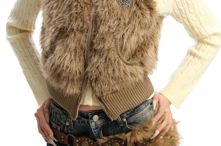 Turtleneck Zip-Up Faux Fur Sweater Vest