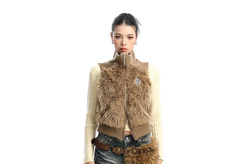 Turtleneck Zip-Up Faux Fur Sweater Vest
