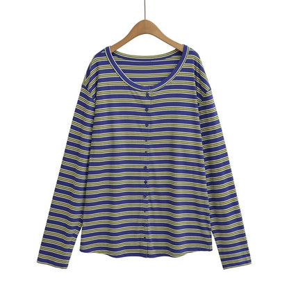 Striped Buttoned Tee with Round Neckline and Long Sleeves