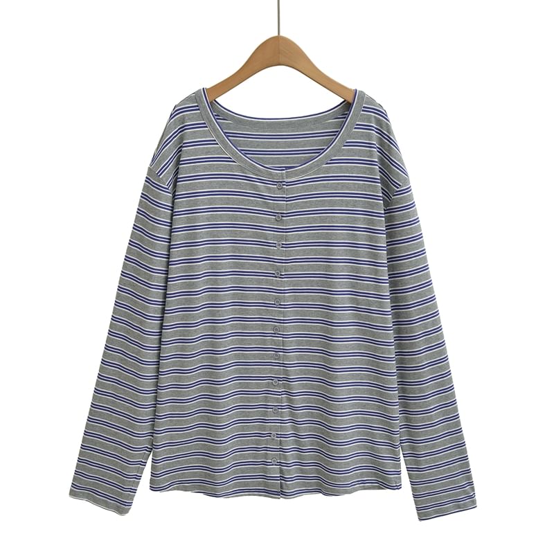 Striped Buttoned Tee with Round Neckline and Long Sleeves