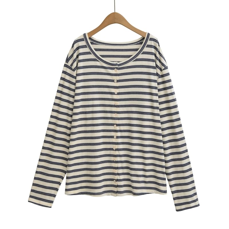 Striped Buttoned Tee with Round Neckline and Long Sleeves
