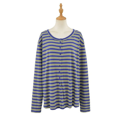 Striped Buttoned Tee with Round Neckline and Long Sleeves
