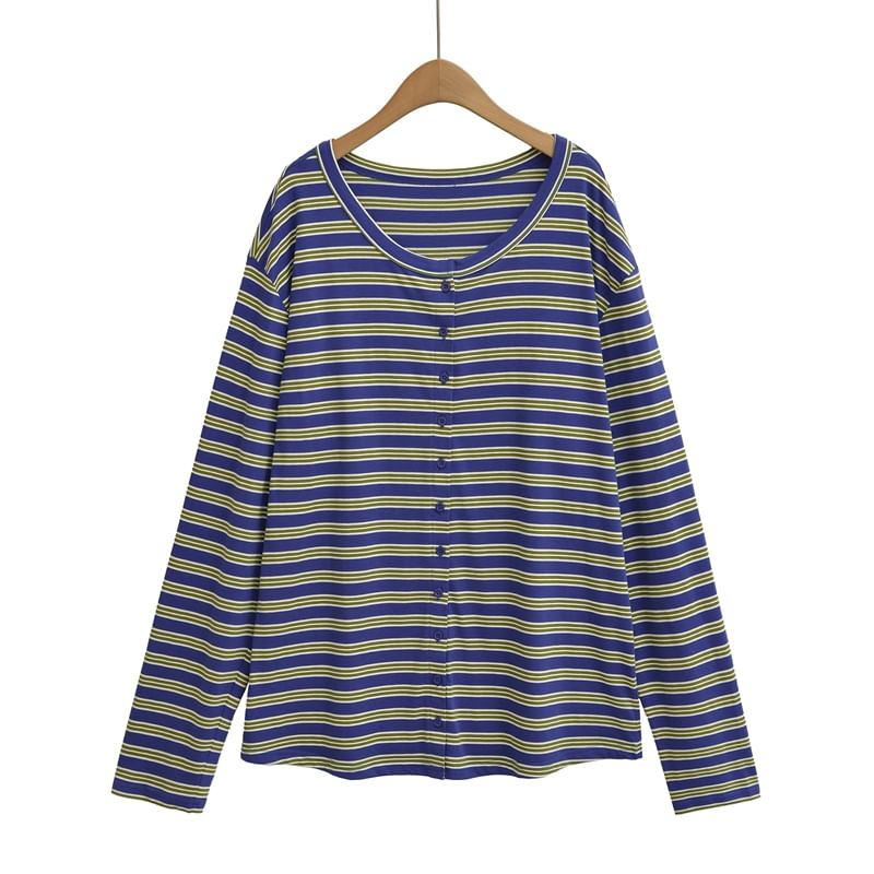 Striped Buttoned Tee with Round Neckline and Long Sleeves