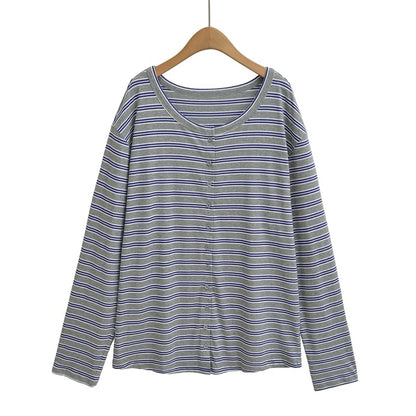 Striped Buttoned Tee with Round Neckline and Long Sleeves