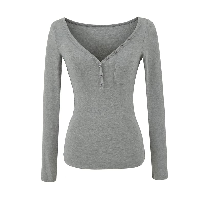 Henley Knit Top with V-Neckline and Pocket Detail Long Sleeves