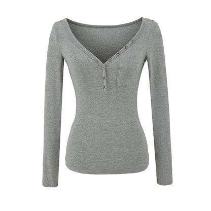 Henley Knit Top with V-Neckline and Pocket Detail Long Sleeves
