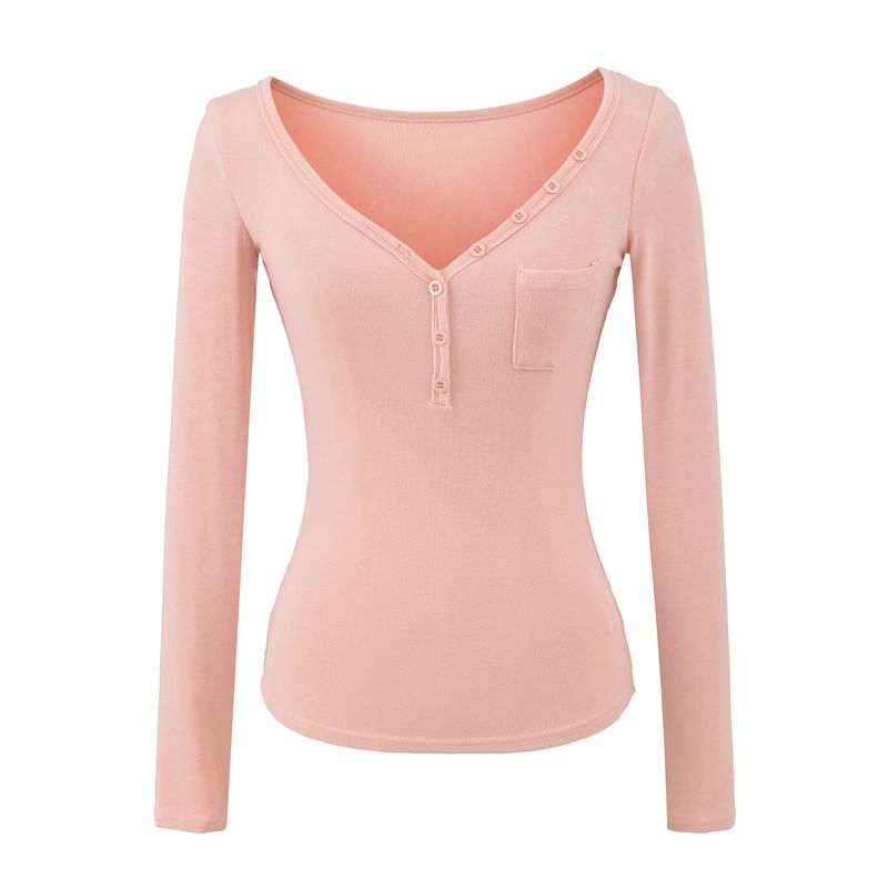 Henley Knit Top with V-Neckline and Pocket Detail Long Sleeves