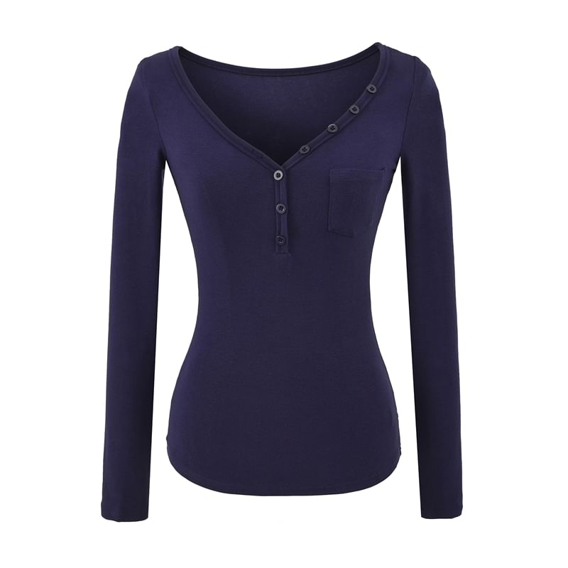 Henley Knit Top with V-Neckline and Pocket Detail Long Sleeves