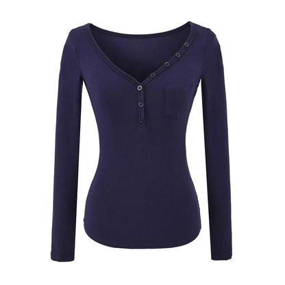 Henley Knit Top with V-Neckline and Pocket Detail Long Sleeves