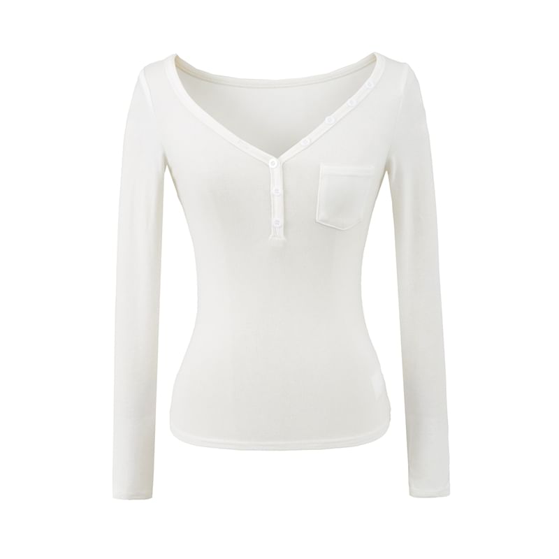 Henley Knit Top with V-Neckline and Pocket Detail Long Sleeves